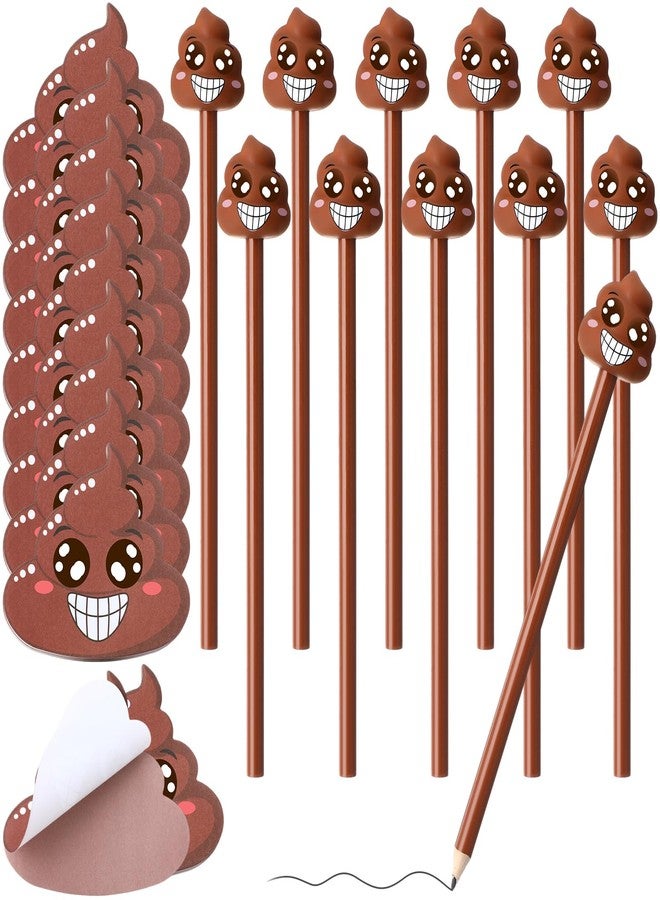 Dunzoom 24 Pcs Funny Farting Poop Pencil with Eraser Topper and Poop Sticky Notes Christmas Gag Gifts for Coworkers Office School Xmas Presents - Image 1